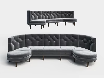 Gray Curved Sectional Sofa with Tufted Upholstery Wooden Legs and Ottoman 3d model