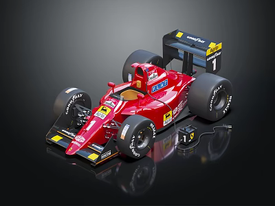 Red Ferrari Racing Car with Number 1 and Sponsor Logos on Black Background with Reflection 3d model