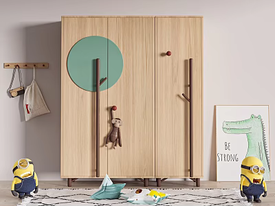 Light Wood Kids Wardrobe With Green Circle Decoration Minions Monkey Toys And Dinosaur Painting 3d model