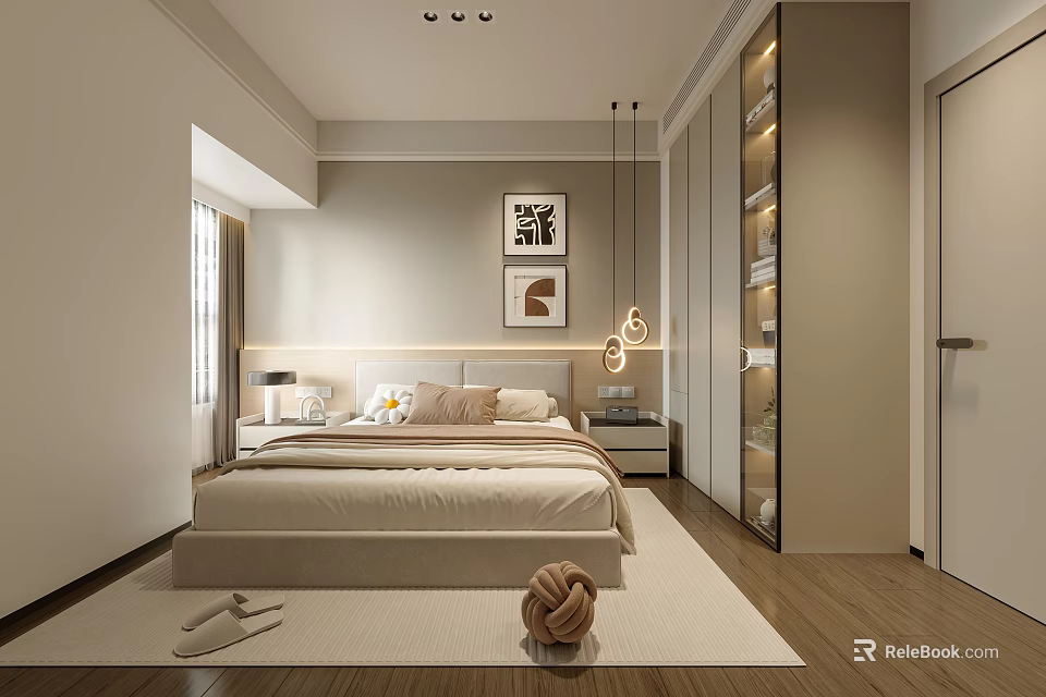 Modern Bedroom Interior Design With Comfortable Bed Wall Art Wooden Flooring And Wardrobe 3d model 