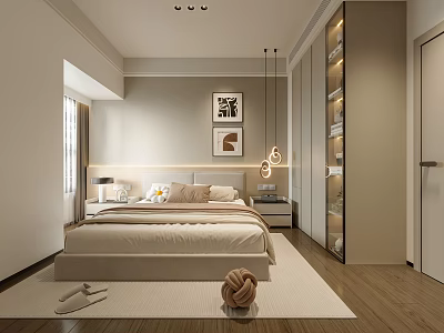 Modern Bedroom Interior Design With Comfortable Bed Wall Art Wooden Flooring And Wardrobe 3d model