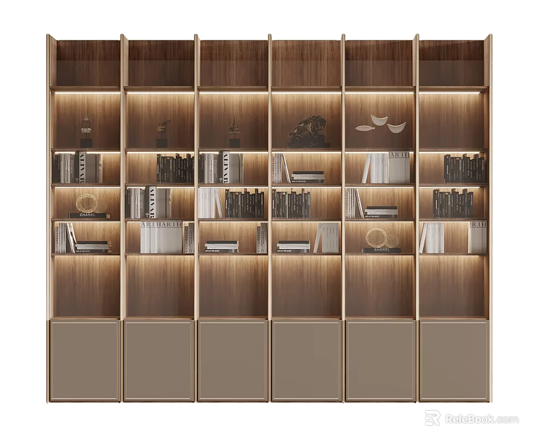 Modern Wooden Bookcase Interior With Multiple Compartments Books And Decor Items 3d model