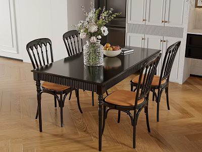 Black Top Dining Table Set with Four Wooden Chairs Decorative Vase Fruit Bowl in Kitchen 3d model