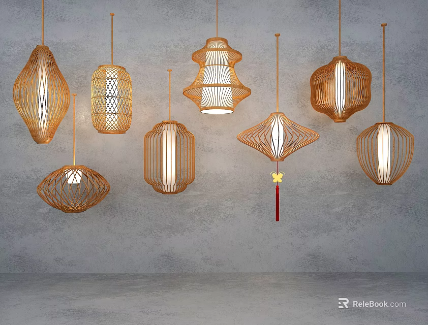 Stylish Woven Pendant Lights With Geometric Shapes And Warm Glow Hanging Against Gray Background 3d model 