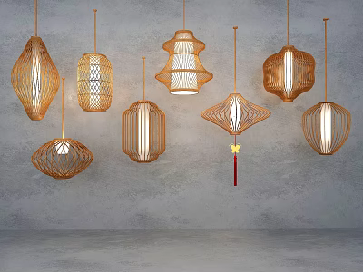 Stylish Woven Pendant Lights With Geometric Shapes And Warm Glow Hanging Against Gray Background 3d model