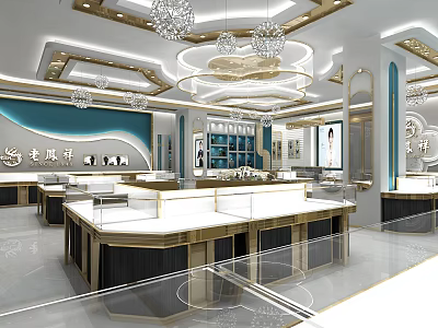 Luxury Jewelry Store Interior With Glass Display Counters Elegant Chandeliers And Bright Lighting 3d model