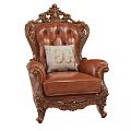 Brown Leather Single Sofa With Ornate Carved Backrest Armrests And Cushion 3d model