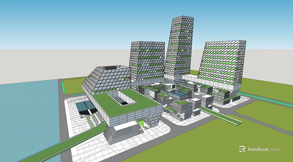 Modern Office Building Complex With Green Roof Glass Facade And Waterfront Plaza 3d model 
