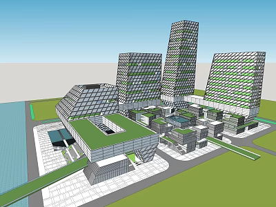 Modern Office Building Complex With Green Roof Glass Facade And Waterfront Plaza 3d model