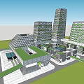 Modern Office Building Complex With Green Roof Glass Facade And Waterfront Plaza
