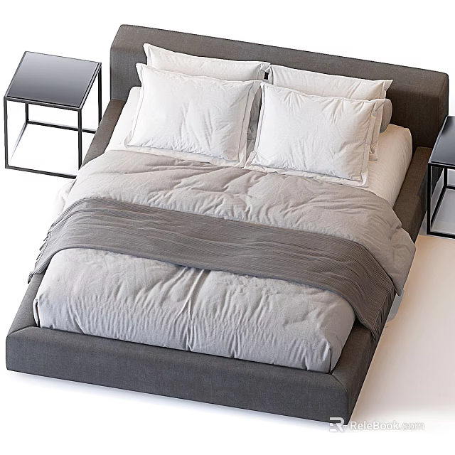 Modern Double Bed with Gray Headboard White Pillows Gray Blanket and Black Nightstands 3d model 