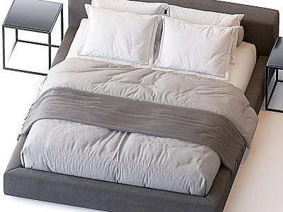 Modern Double Bed with Gray Headboard White Pillows Gray Blanket and Black Nightstands 3d model