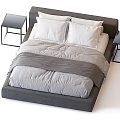 Modern Double Bed with Gray Headboard White Pillows Gray Blanket and Black Nightstands