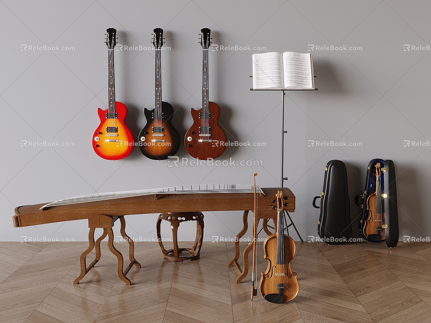 Guzheng Guitar Violin Musical Instrument Combination 3d model