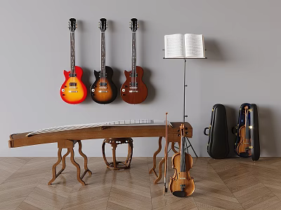 Musical Instruments Collection With Hanging Guitars Guzheng Violin Music Sheet And Cases 3d model