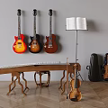 Musical Instruments Collection With Hanging Guitars Guzheng Violin Music Sheet And Cases