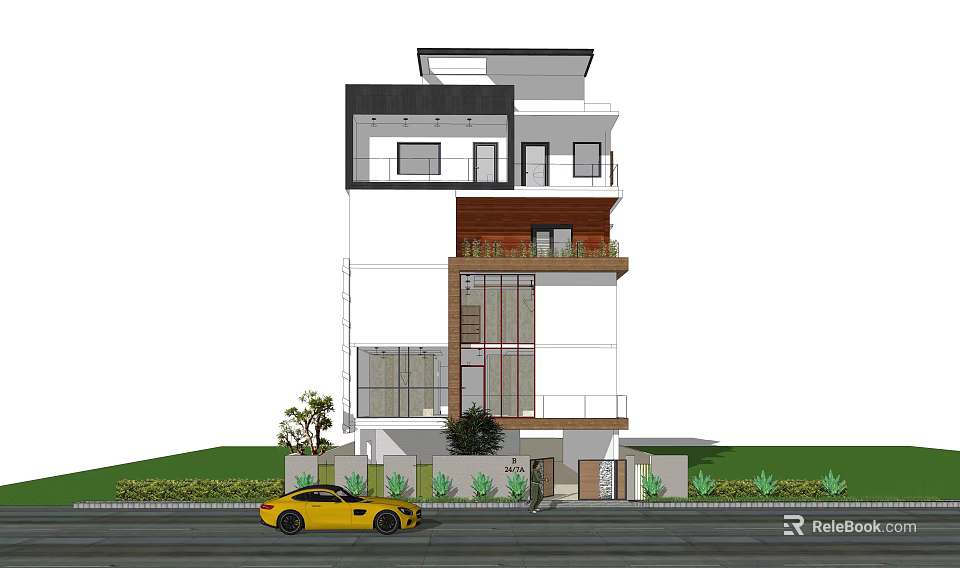 Modern Single Family Villa Exterior Design with Large Windows Balcony and Yellow Car 3d model 