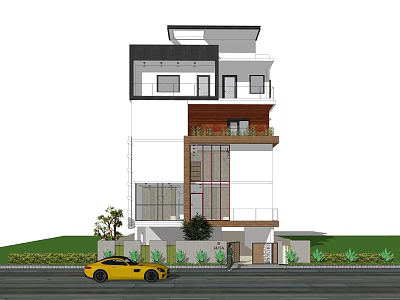 Modern Single Family Villa Exterior Design with Large Windows Balcony and Yellow Car 3d model