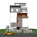 Modern Single Family Villa Exterior Design with Large Windows Balcony and Yellow Car