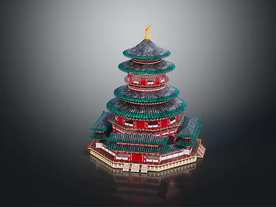 Traditional Ancient Chinese Architecture Multi Tiered Tower Green Roofs Red Walls and Golden Spire Design 3d model