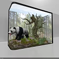 Sleek Black TV Displaying Panda in Natural Habitat with Cityscape Background and Green Plants