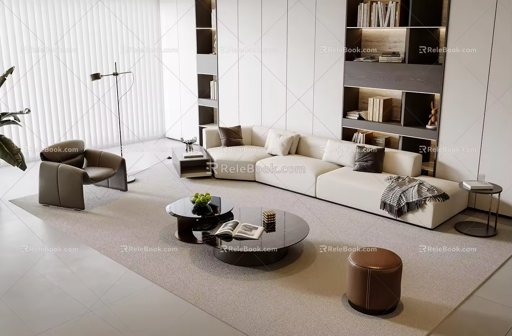 Modern Sofa Coffee Table Combination Single Sofa Stool Green Plant Floor Lamp 3d model
