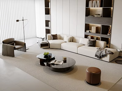 Modern White L shaped Sofa and Round Black Coffee Table Set with Greenery Books 3d model