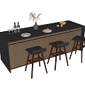 Modern Home Bar Counter With Black Countertop Wooden Slat Detail And Three Bar Stools