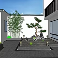 Serene Traditional Courtyard Garden With White Walls Bamboo Pine Tree Stone Lanterns And Paved Ground