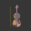 Elegant Wooden Violin With Decorative Patterns And Bow As Household Musical Item