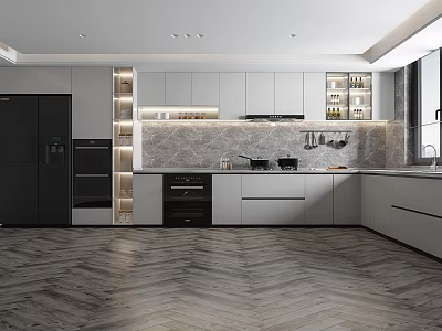Modern Kitchen Interior Design With Black Appliances Stone Countertop Cabinets And Herringbone Wooden Floor 3d model