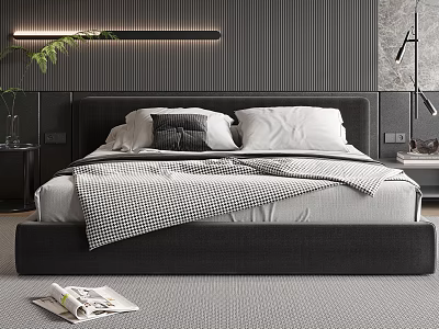Modern Black Double Bed with Pillows Blanket Green Plant and Floor Lamp 3d model