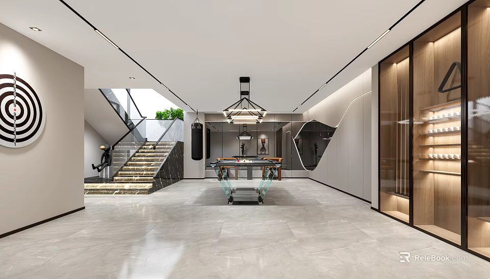 Modern Entertainment Room Interior Design With Staircase Chandelier And Pool Table 3d model 