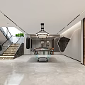 Modern Entertainment Room Interior Design With Staircase Chandelier And Pool Table 3d model