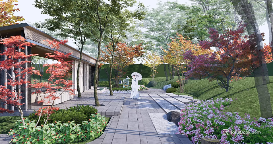 Serene Garden Landscape With Stone Pathway Colorful Trees Flowers And Wooden Structure 3d model 