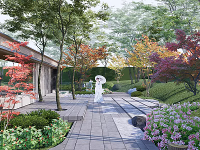 Serene Garden Landscape With Stone Pathway Colorful Trees Flowers And Wooden Structure 3d model
