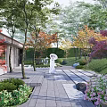 Serene Garden Landscape With Stone Pathway Colorful Trees Flowers And Wooden Structure