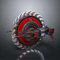 Mechanical Weapon With Red And Silver Gear Structure And Central Firing Mechanism