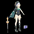 Game Movie Character With Blue White Hair Green Outfit Holding Golden Sword Purple Accessory