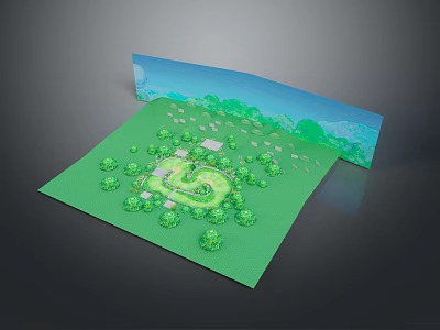 Scenic Green Landscape With Lush Trees Winding Path And Distant Blue Sky View 3d model