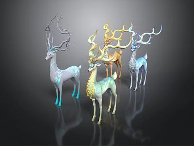 3D Rendered Colorful Deer Group With Glowing Effects And Various Colors 3d model