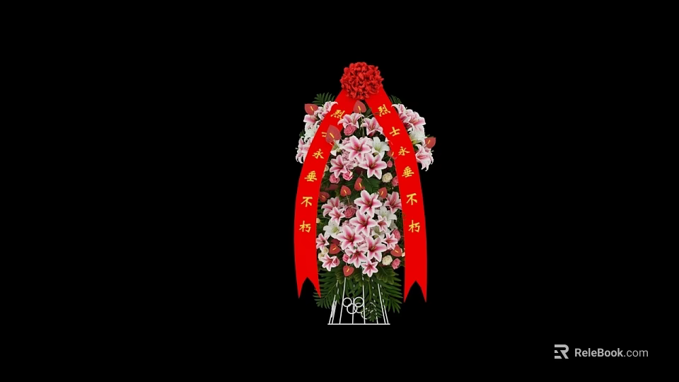 Funeral Wreath Commercial Production Equipment With Red Ribbon Gold Characters And Pink White Flowers 3d model 