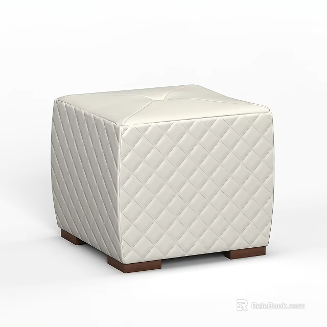 White Diamond Quilted Leather Stool With Brown Wooden Legs Design 3d model 