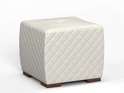 White Diamond Quilted Leather Stool With Brown Wooden Legs Design 3d model
