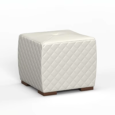 White Diamond Quilted Leather Stool With Brown Wooden Legs Design 3d model