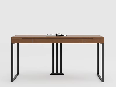 Walnut Wooden Desk With Black Metal Legs And Drawers For Home Office 3d model
