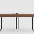 Walnut Wooden Desk With Black Metal Legs And Drawers For Home Office