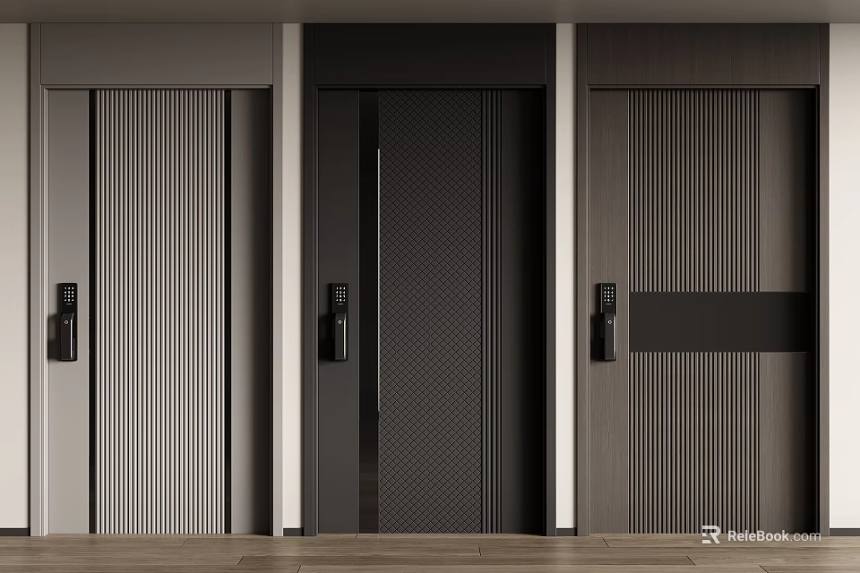 Modern Black Security Door With Vertical Stripes And Black Door Handles In Indoor Entrance 3d model 