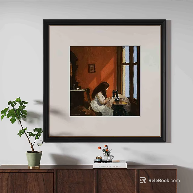 Vintage Interior Oil Painting With Black Frame Hanging On Wall And Girl Sewing By Window 3d model 