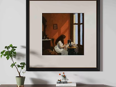 Vintage Interior Oil Painting With Black Frame Hanging On Wall And Girl Sewing By Window 3d model